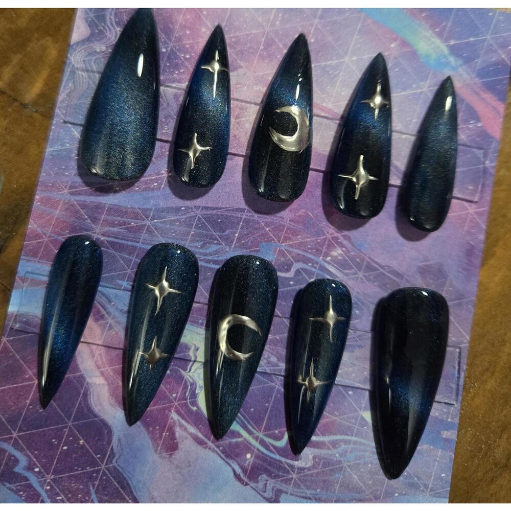 Celestial blue cats eye stiletto press on nails custom made